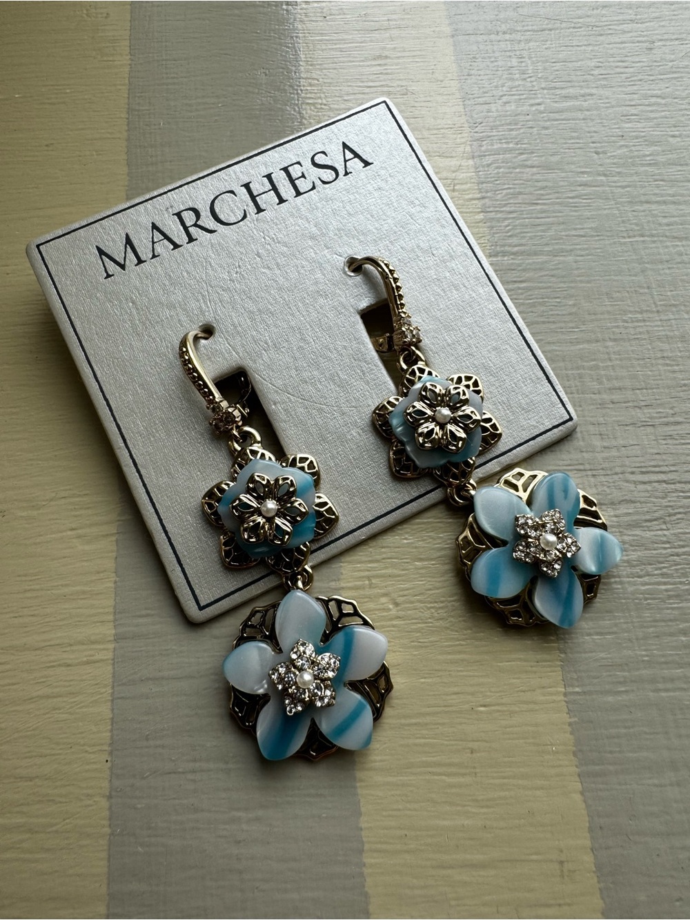 🌸 NWT Marchesa Gold-Tone Iridescent Blue Flower Double Drop Earrings 🌸